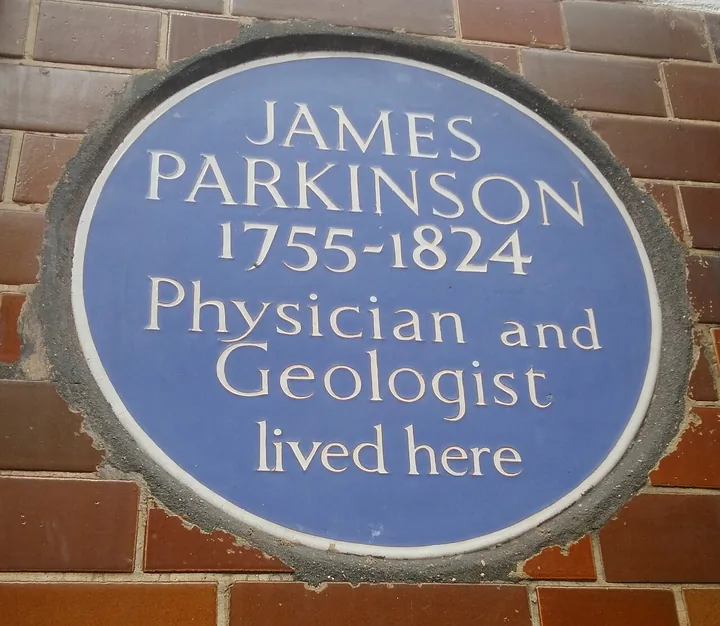 Blue plaque reading James Parkinson 1755-1824, Physician and Geologist, lived here